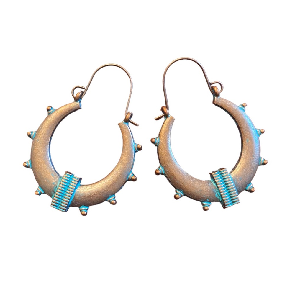 Bronzed with Turquoise Drop Hoop Lightweight Earrings